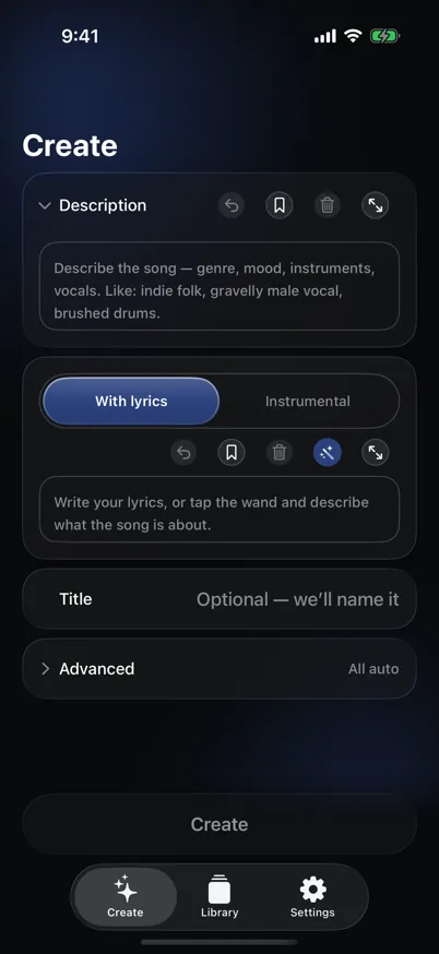 The Create screen of PocketGroove, with a song description being typed