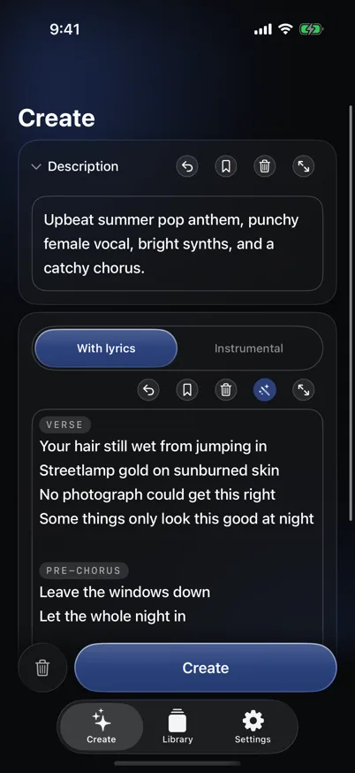 The Create screen with a description, lyrics, title and advanced settings