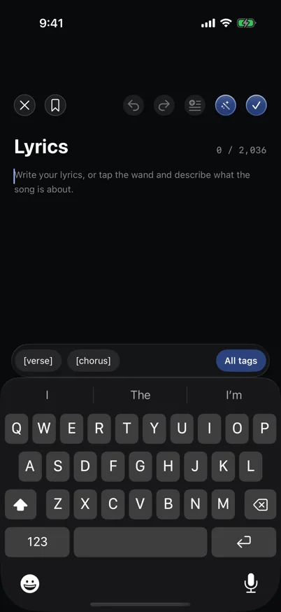 Writing lyrics in PocketGroove's full-screen lyrics editor, with verse and chorus tags on the keyboard bar